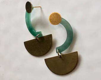 Green acetate earrings, stud earrings, gold earrings