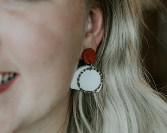 Modern polymer Clay Earrings, Red and white earrings, brass earrings, handmade earrings, statement earrings, Clay earrings