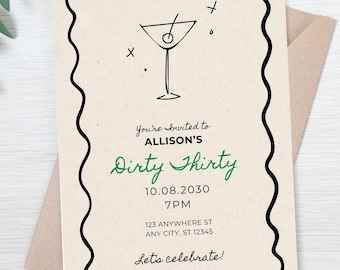 Dirty Thirty Martini Birthday Invitation - Editable Canva Template