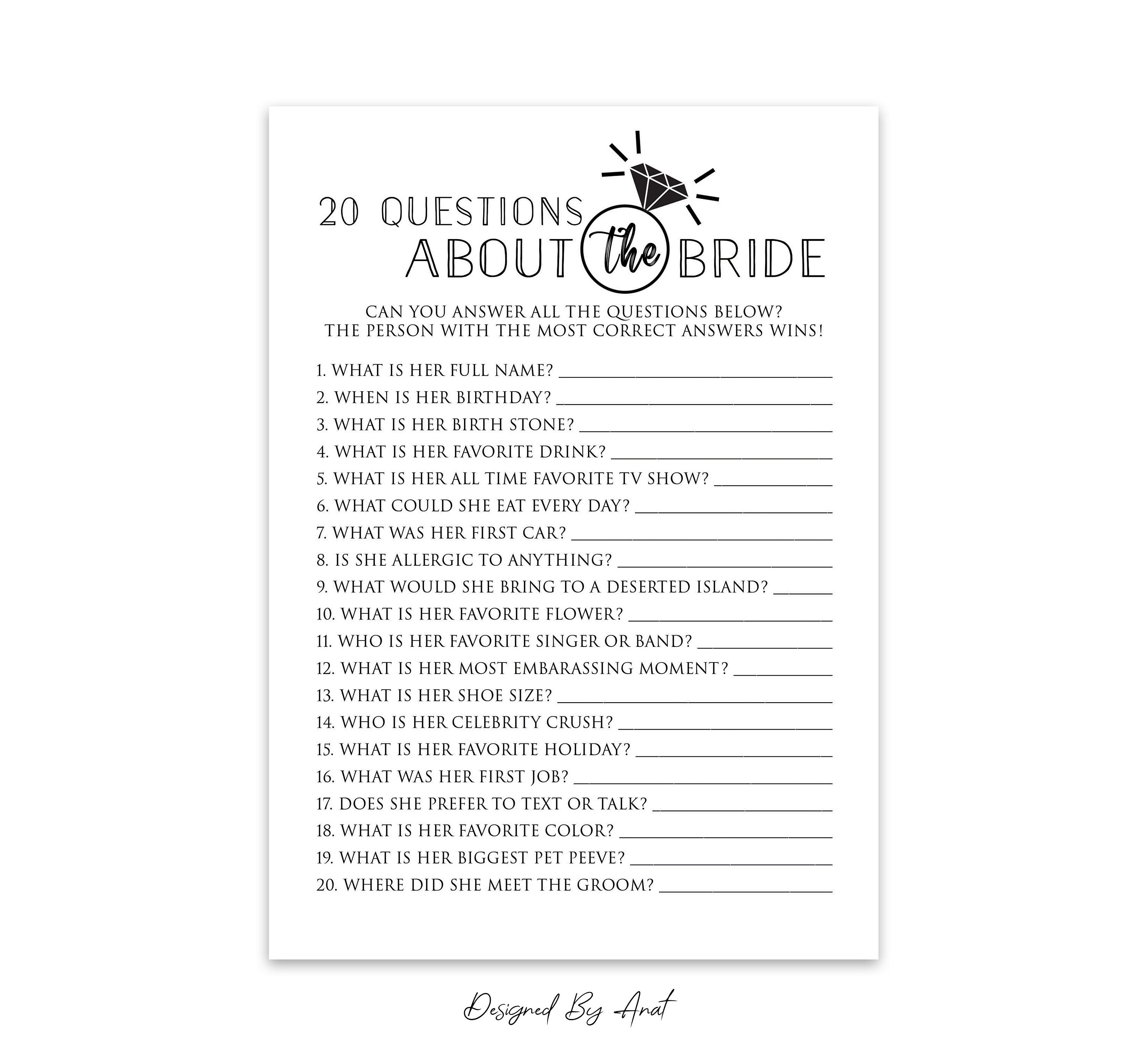 20 Questions About The Bride Bridal Shower Game Printable Etsy