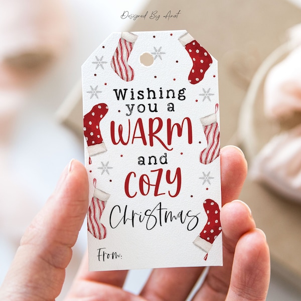 Wishing You a Warm and Cozy Christmas Tag, Printable Christmas Favor Tags, Fuzzy Socks Merry Christmas Holiday Party Gift Tag