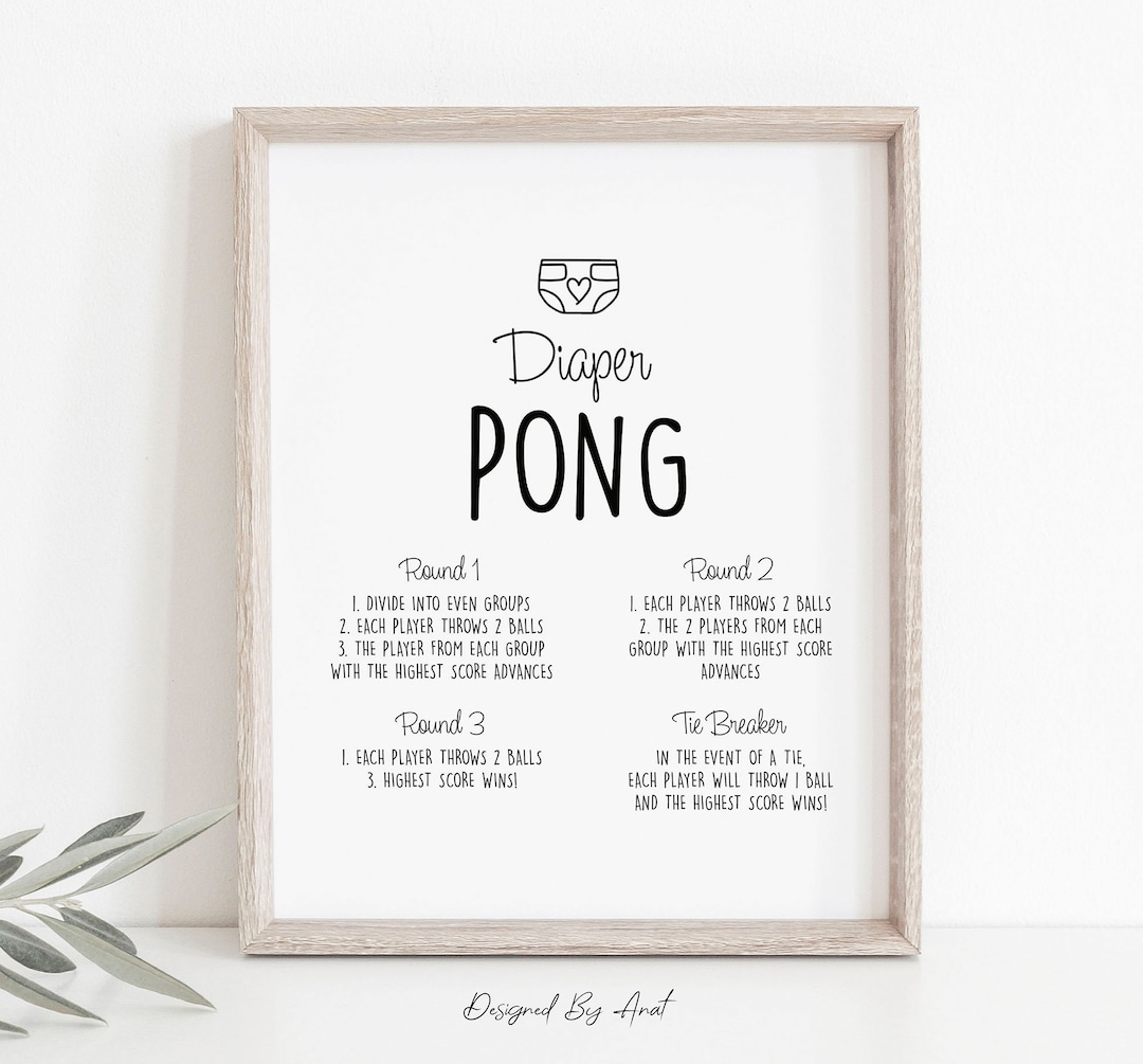 Diaper Pong Baby Shower Game, Table Sign, Simple Black and White Boy