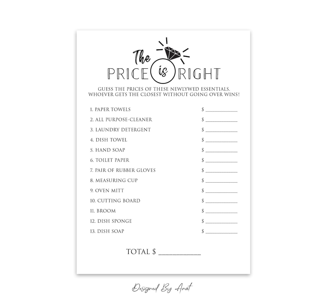The Price is Right Bridal Shower Game Printable Simple Black Etsy