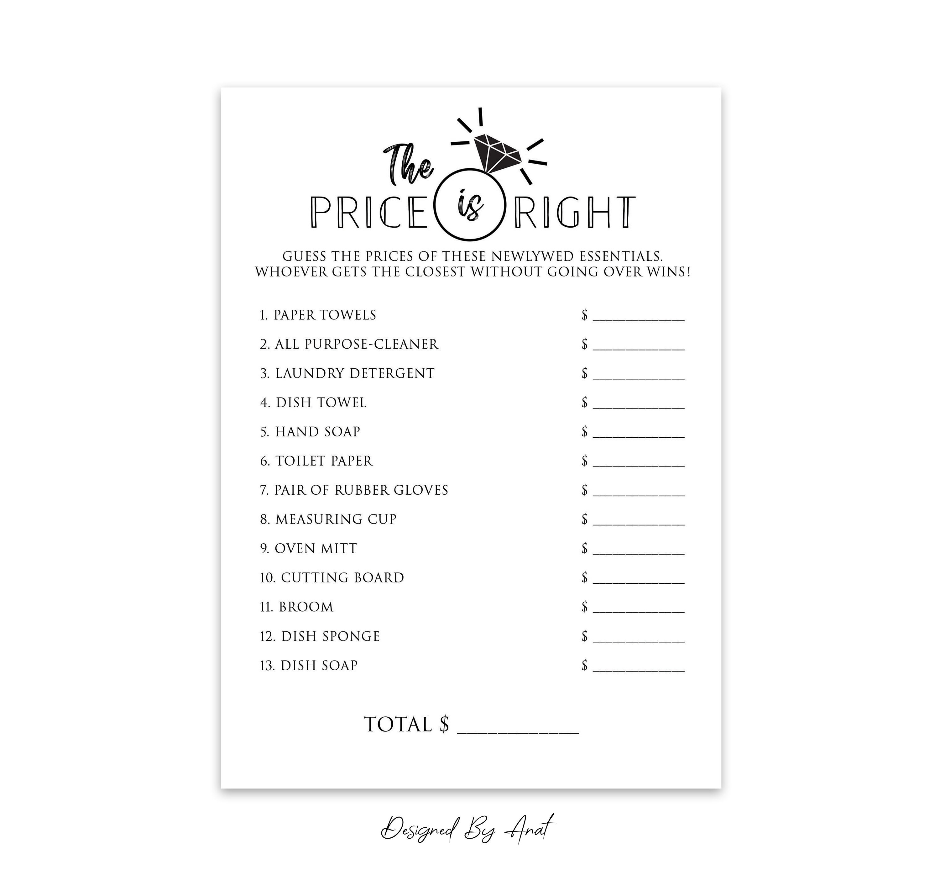 The Price is Right Bridal Shower Game Printable Simple Black - Etsy