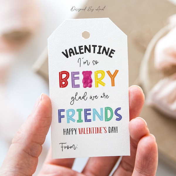 Valentine I'm So Beary Glad We Are Friends Tag, Printable Happy Valentine's Day Favor Tags, Gummy Bear Valentine's Day Gift Tag