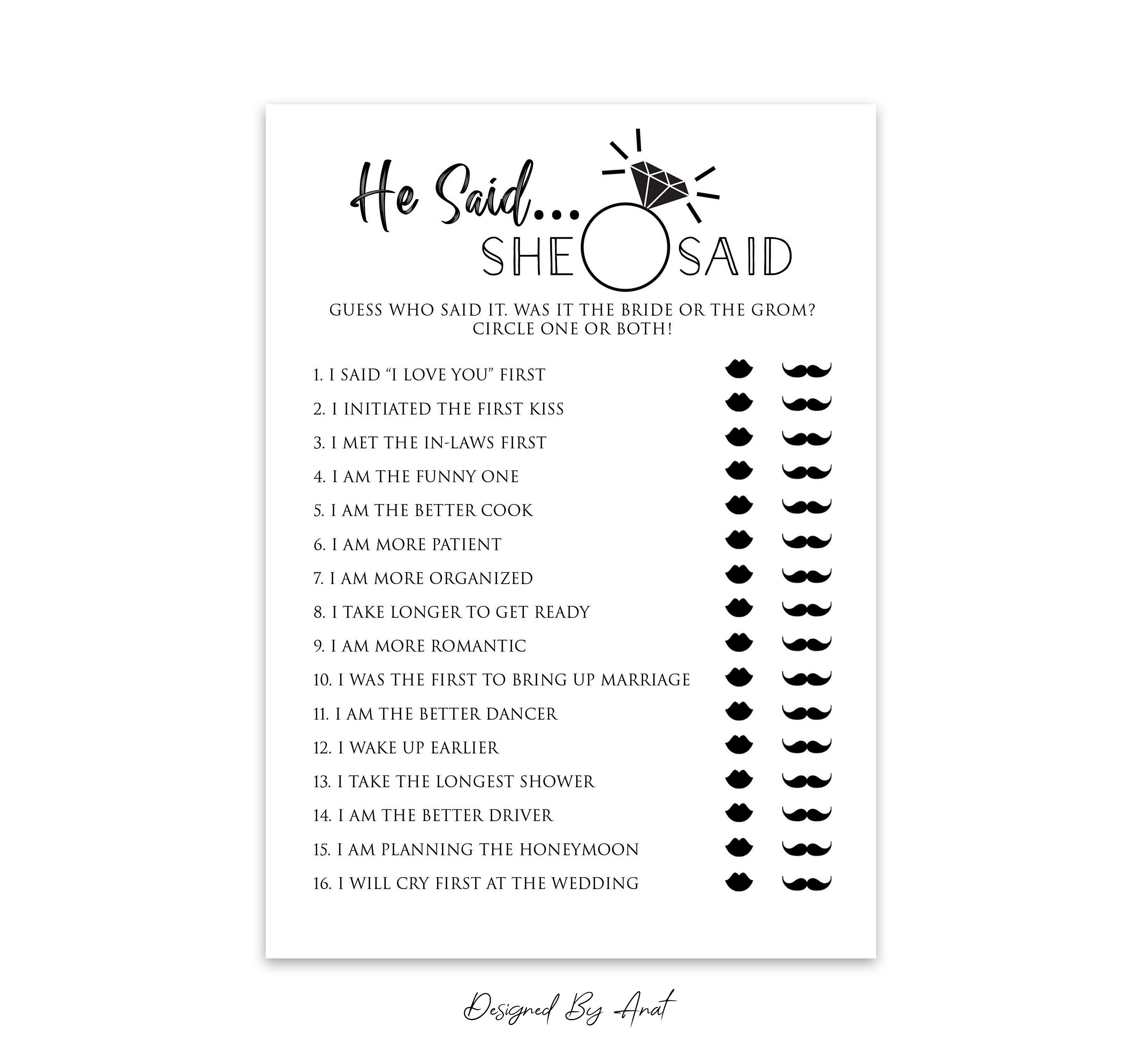 He Said She Said Bridal Shower Game Printable Simple Black - Etsy Finland