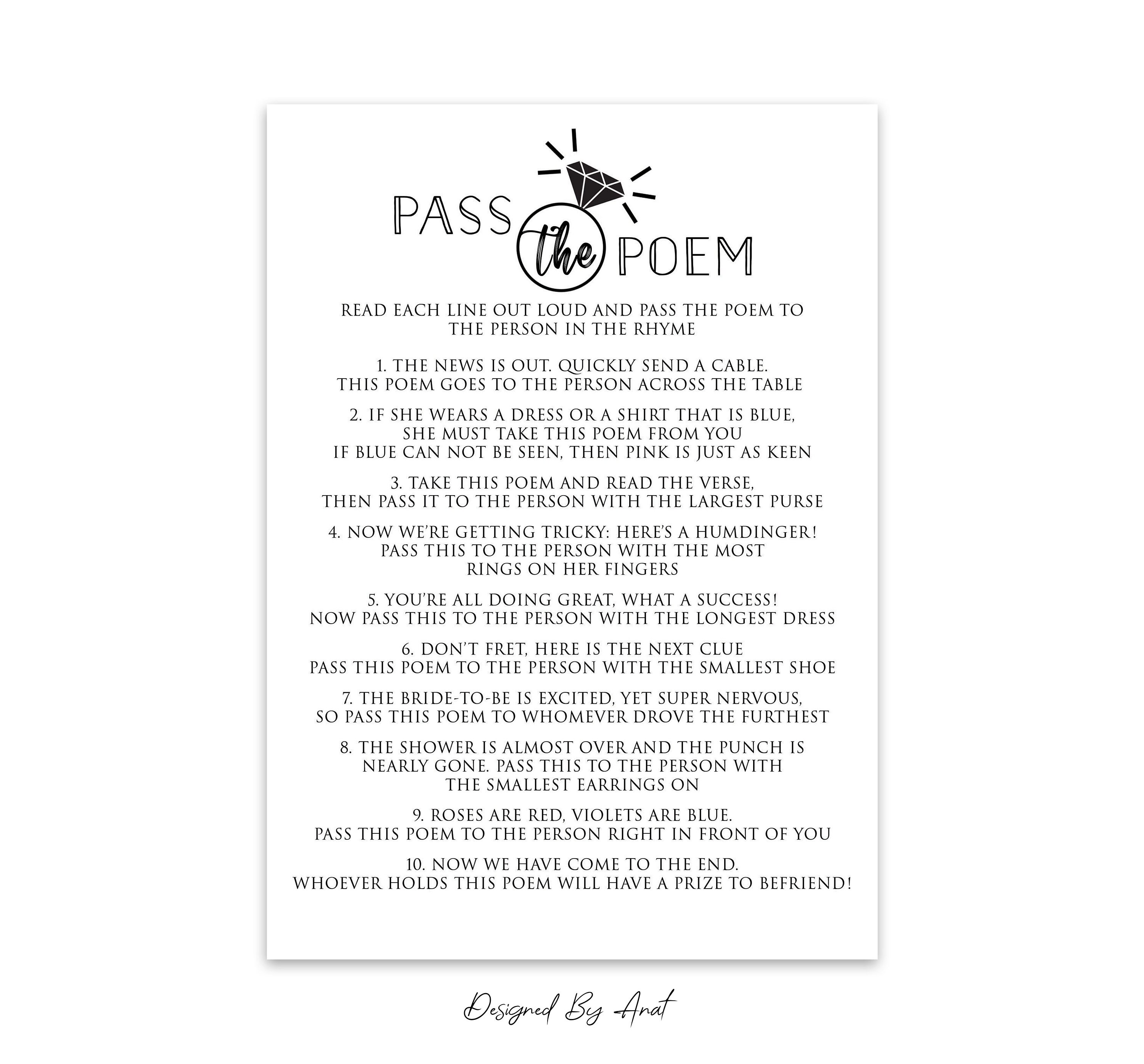 Pass the Poem Bridal Shower Game Printable Simple Black and - Etsy