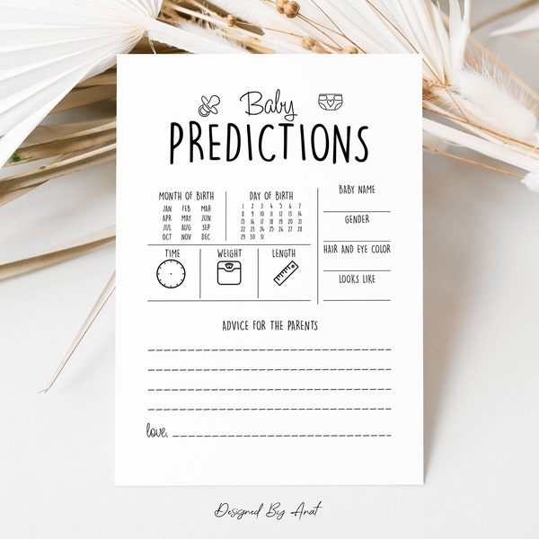 Baby Predictions And Advice For The Parents Card Baby Shower Game, Simple Black and White Boy Girl Gender Neutral Printable Baby Shower Game