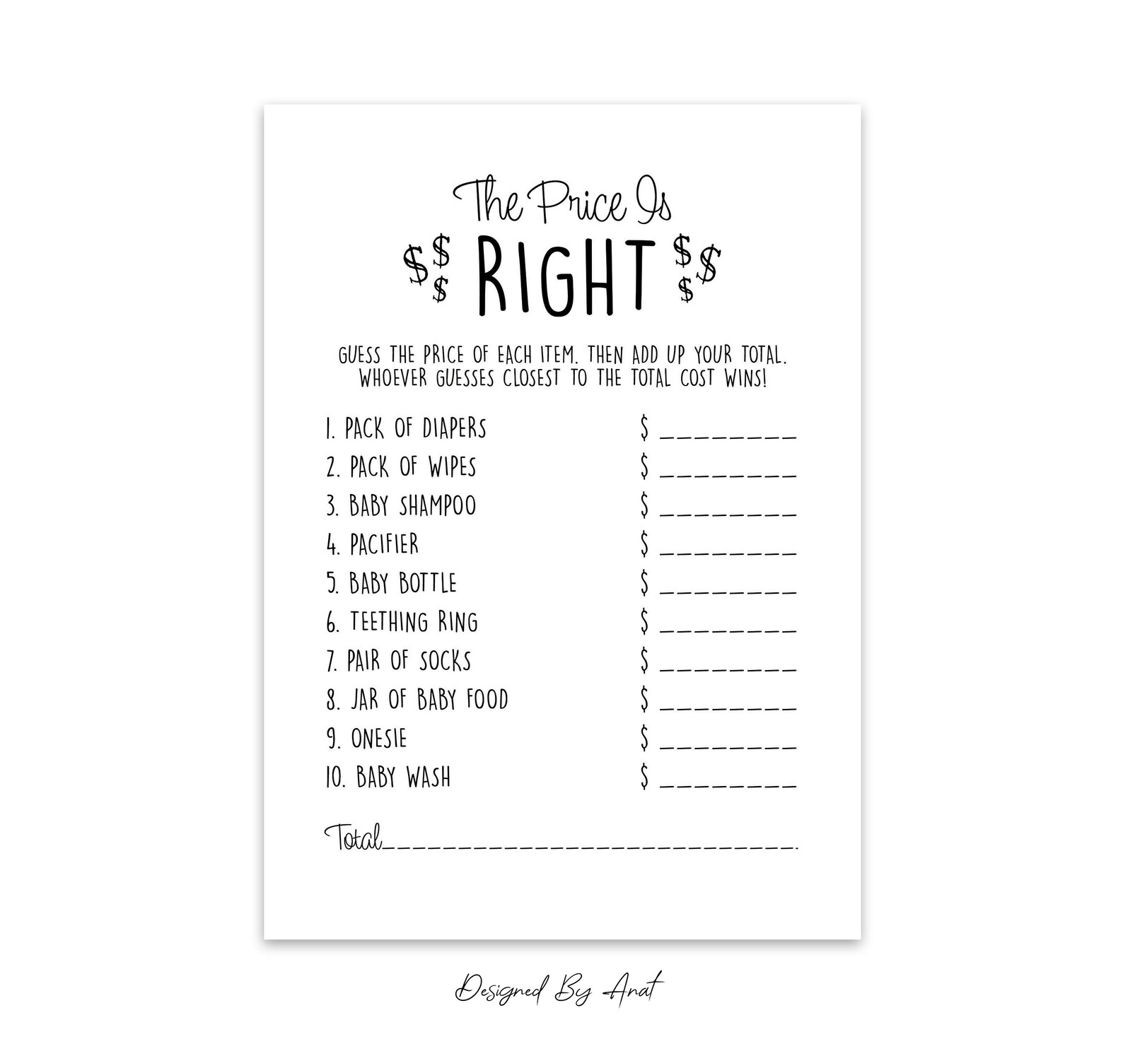 The Price is Right Baby Shower Game Simple Black and White Etsy