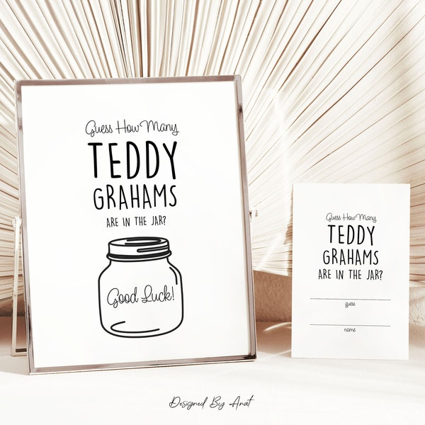 Guess How Many Teddy Grahams Are In The Jar Game, Sign and Card, Simple Black and White Boy Girl Gender Neutral Printable Baby Shower Game