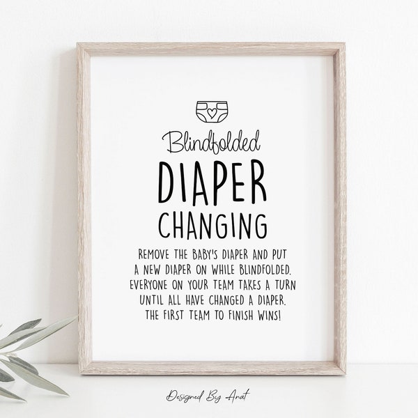 Blindfolded Diaper Changing Baby Shower Game, Table Sign, Simple Black and White Boy Girl Gender Neutral Printable Baby Shower Game