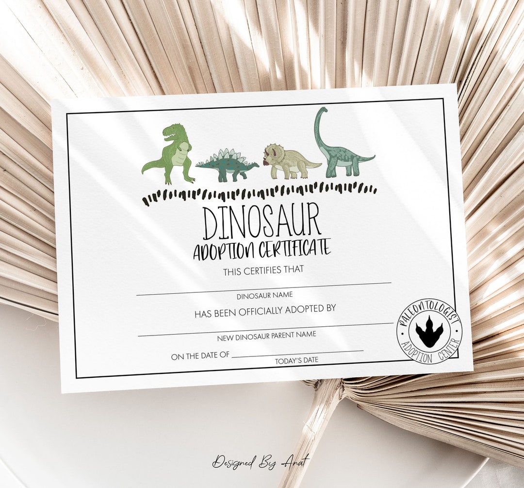 Dinosaur Adoption Certificate Card, Adopt A Dinosaur Card, Printable ...