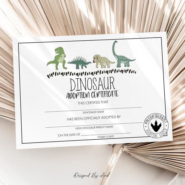 Dinosaur Adoption Certificate Card, Adopt A Dinosaur Card, Printable Party Decor, Dinosaur Birthday Party Card