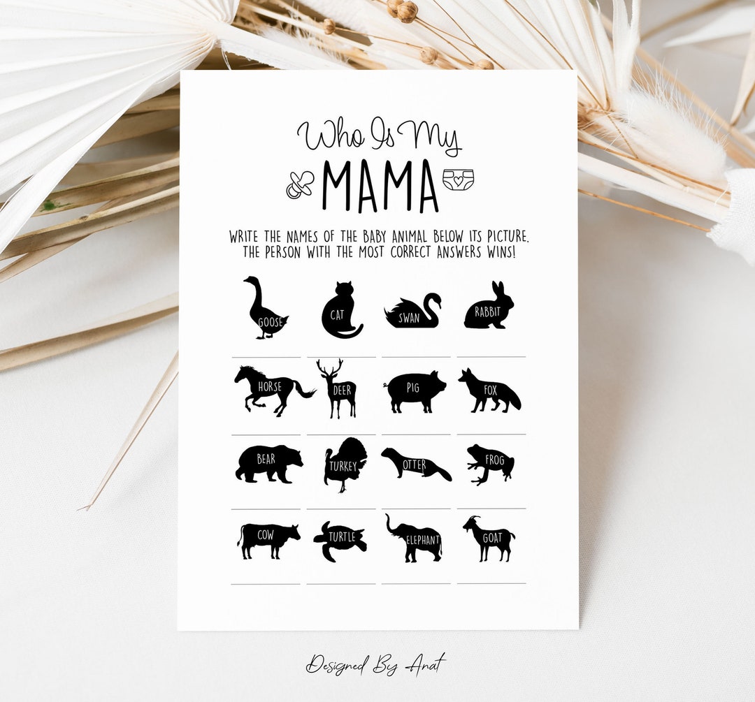 Who is My Mama Baby Animals Names Trivia Baby Shower Game, Simple Black
