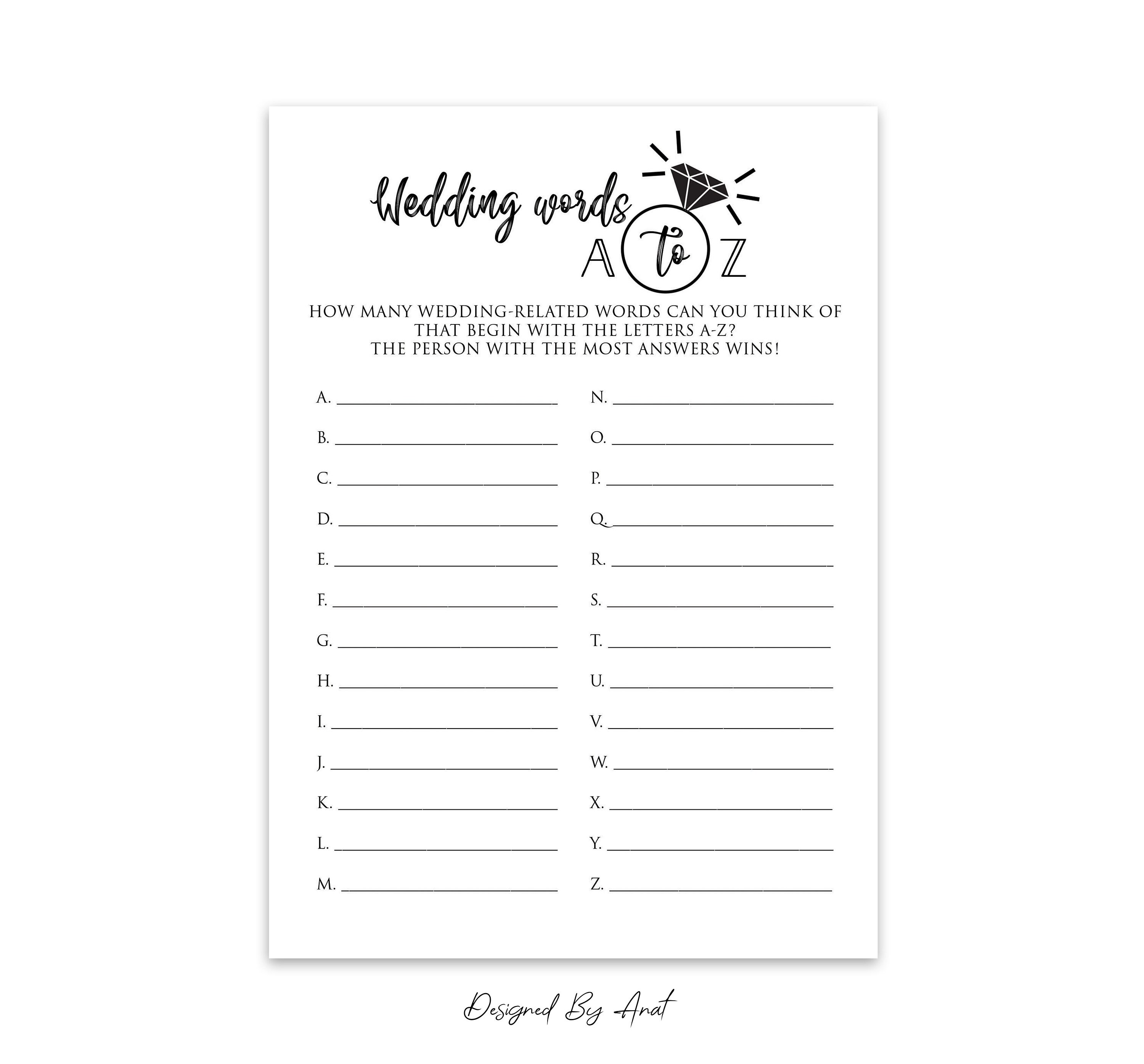 Wedding Words A-Z Bridal Shower Game Printable Simple Black - Etsy