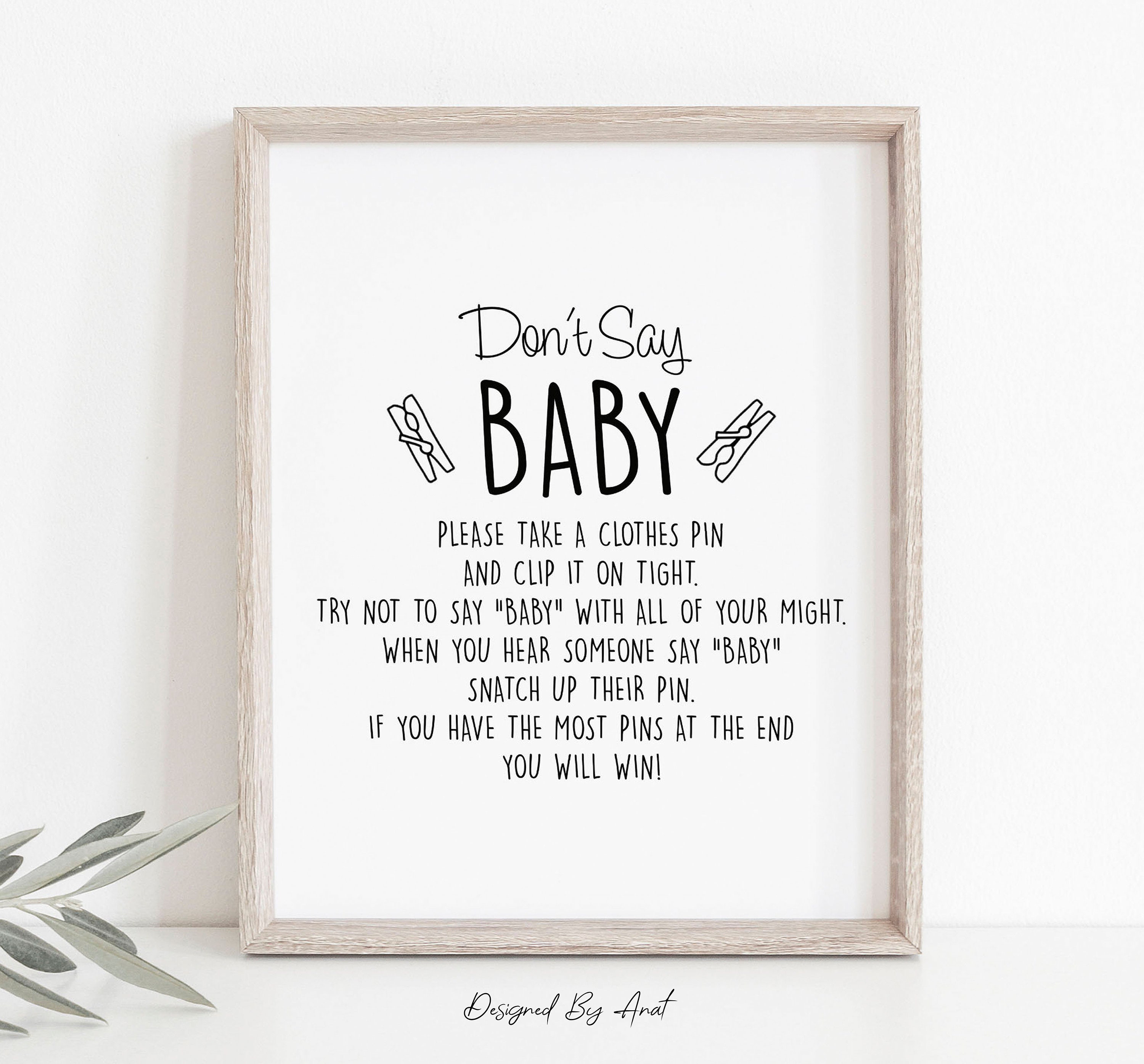 Don't Say Baby Clothespin Baby Shower Game, Table Sign, Simple Black and  White Boy Girl Gender Neutral Printable Baby Shower Game