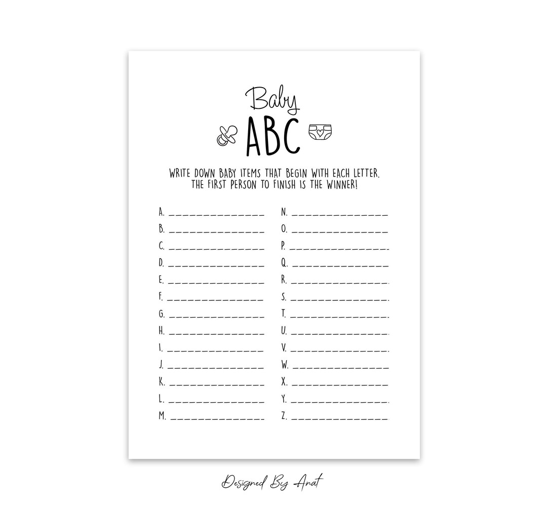 Baby ABC Baby Items A to Z Alphabet Baby Shower Game Simple Etsy