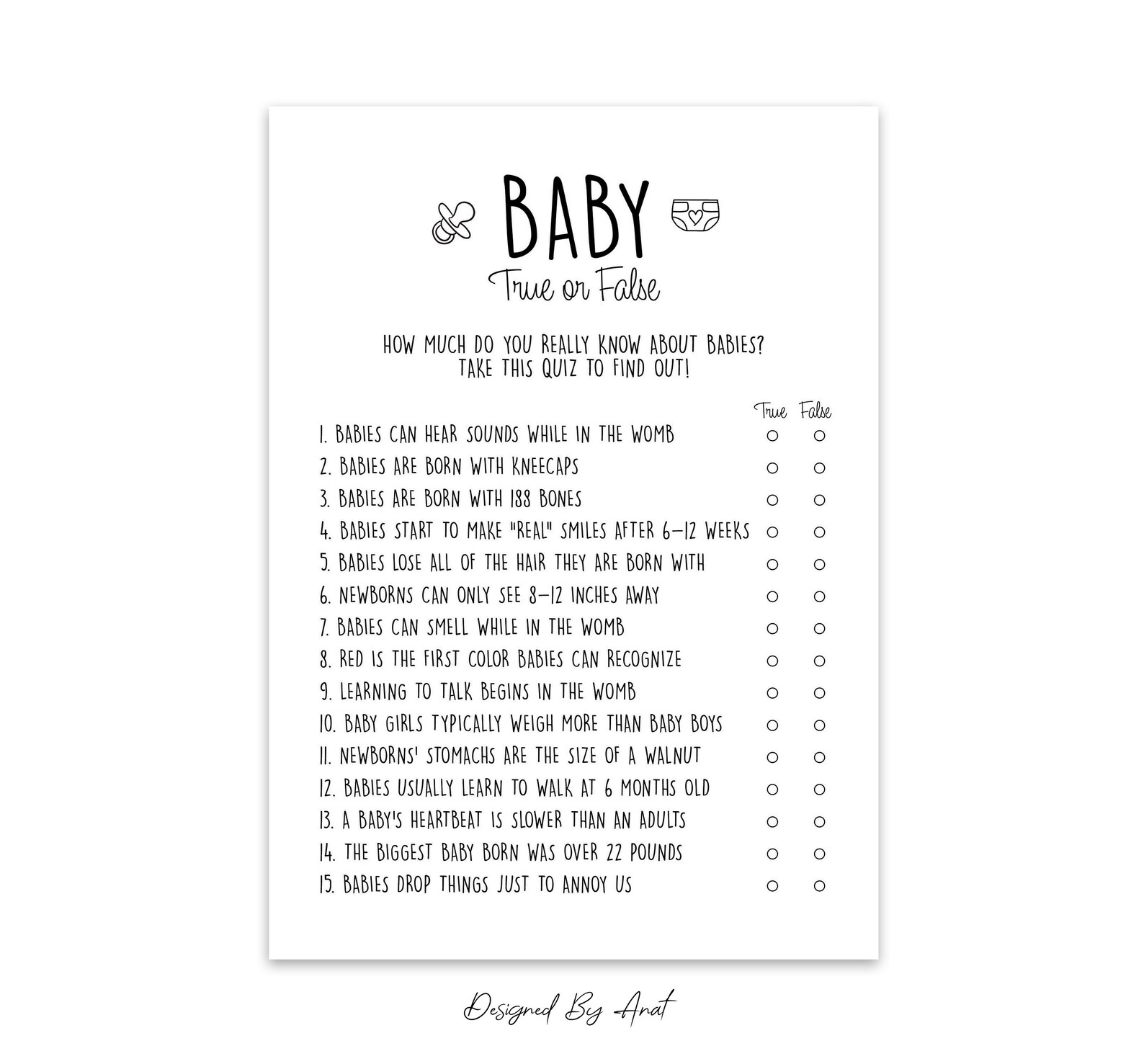 Baby True or False Baby Shower Trivia Baby Shower Game Simple Etsy