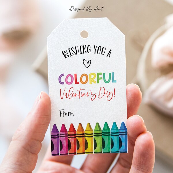 Wishing You A Colorful Valentine's Day Tag, Printable Happy Valentine's Day Favor Tags, Crayons Valentine's Day Gift Tag