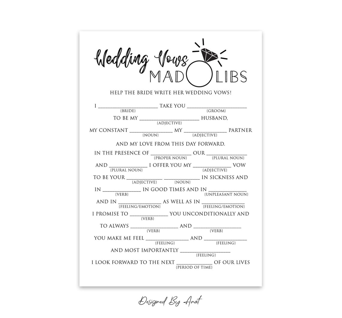 Wedding Vows Mad Libs Bridal Shower Game Printable Simple - Etsy