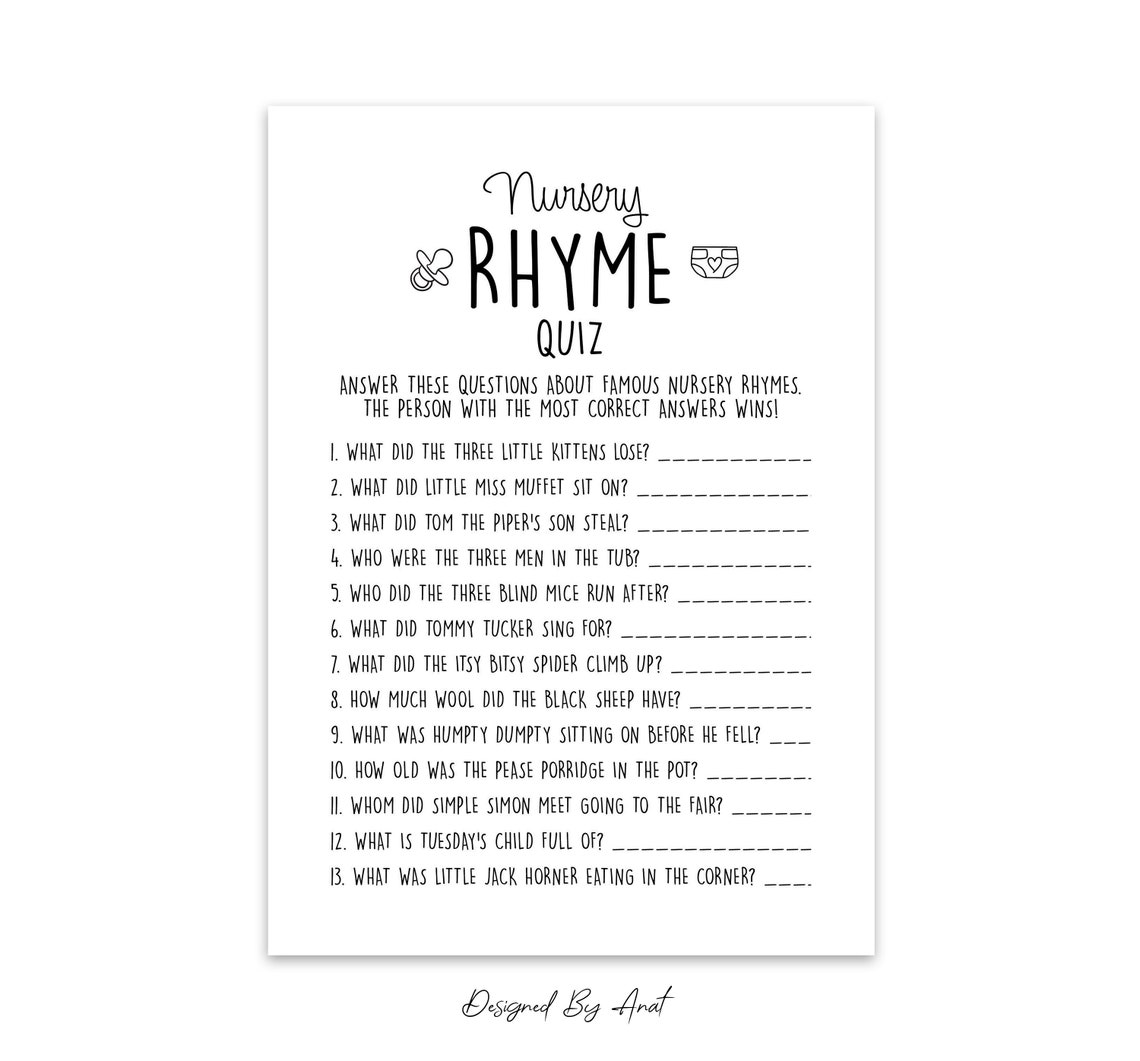 Nursery Rhyme Quiz Baby Shower Trivia Baby Shower Game Simple Etsy