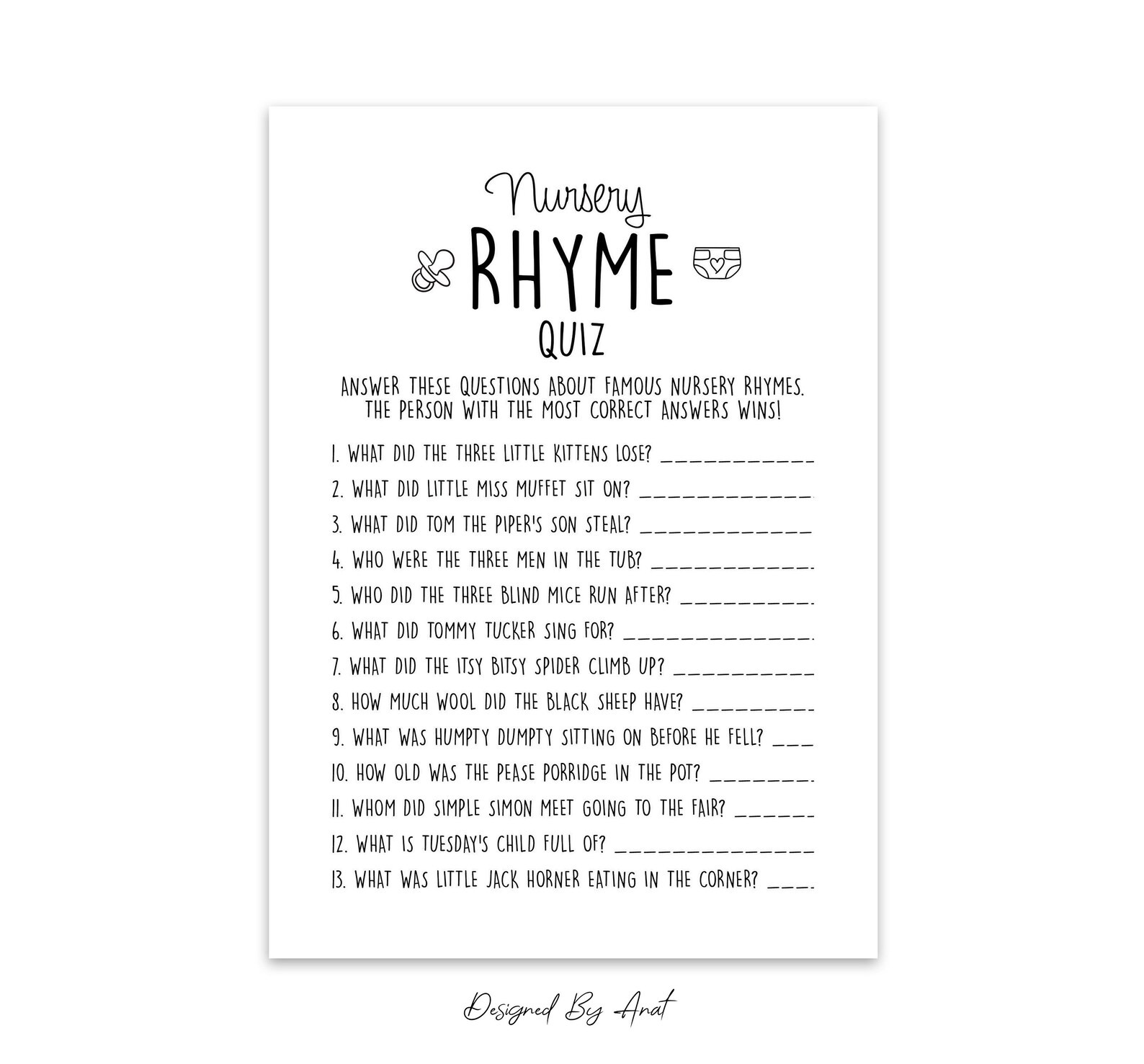 Nursery Rhyme Quiz Baby Shower Trivia Baby Shower Game Simple Etsy