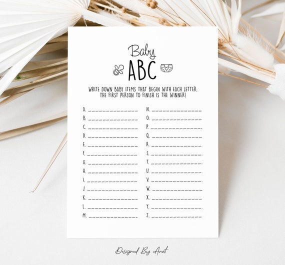 Baby ABC Baby Items A to Z Alphabet Baby Shower Game Simple Black