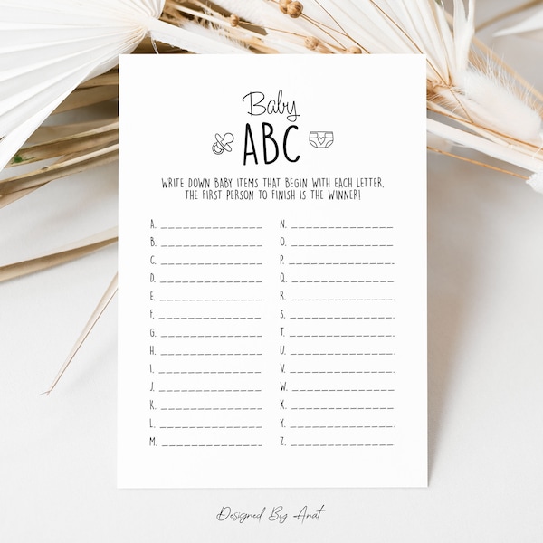 Baby ABC Baby Items A to Z Alphabet Baby Shower Game, Simple Black and White Boy Girl Gender Neutral Printable Baby Shower Game