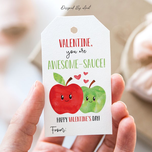 Valentine You Are Awesome-Sauce Tag, Printable Happy Valentine's Day Favor Tags, Applesauce Pouch Valentine's Day Gift Tag