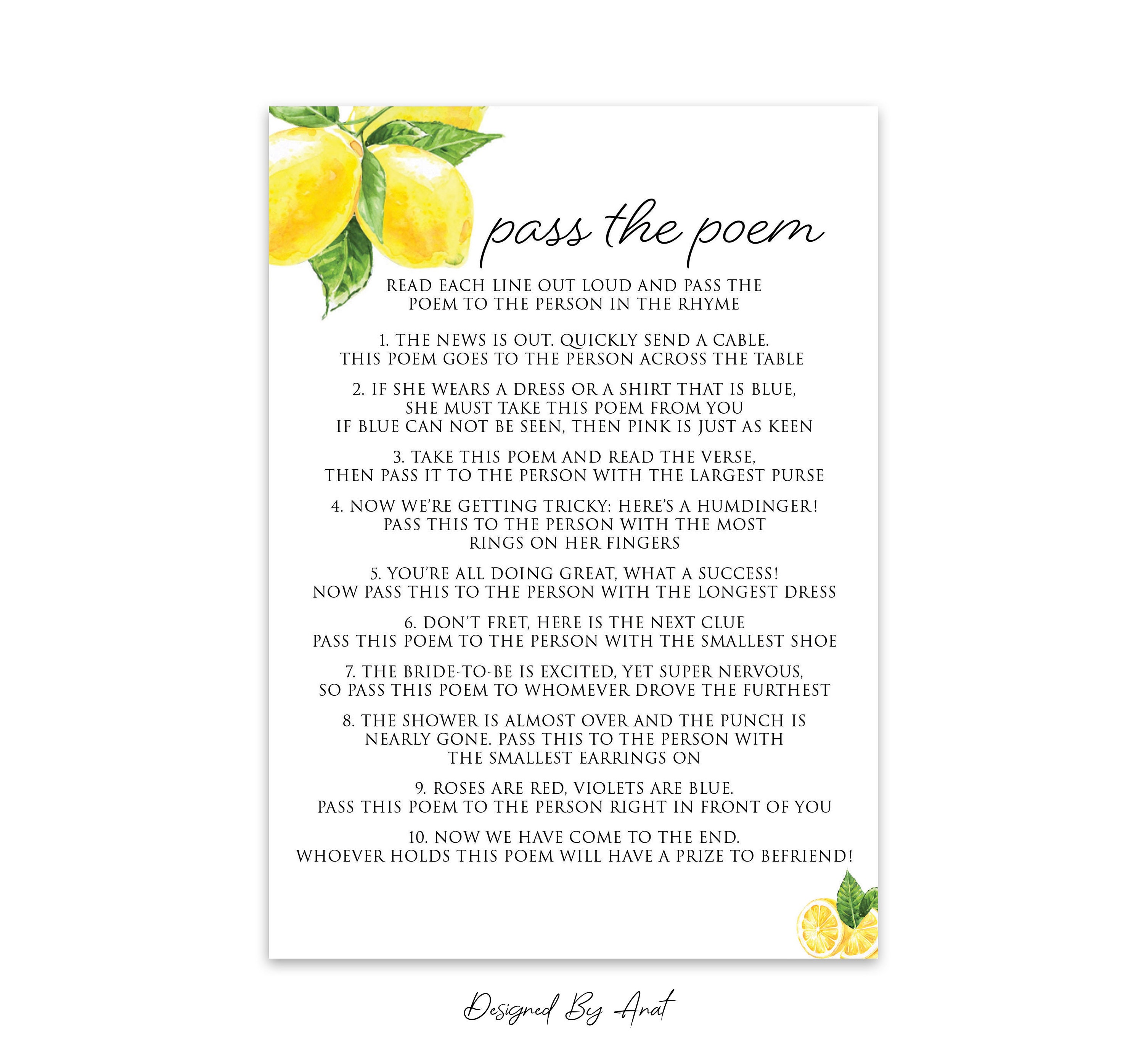 Lemon Bridal Shower Pass the Poem Game Printable Watercolor Etsy