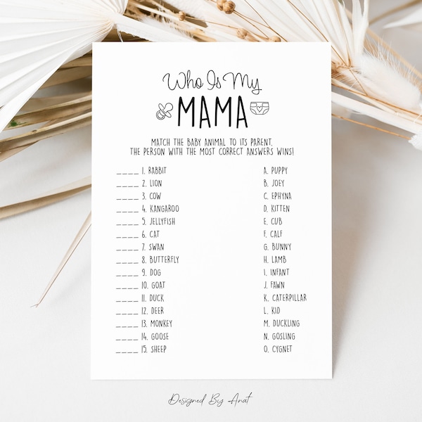 Who Is My Mama Baby Animals Names Trivia Baby Shower Game, Simple Black and White Boy Girl Gender Neutral Printable Baby Shower Game