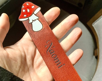 Mushroom Personalised  Leather Bookmark Gift For Cottagecore Book Lover