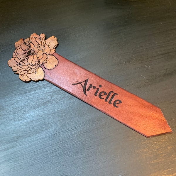 Peony Personalised Leather Bookmark