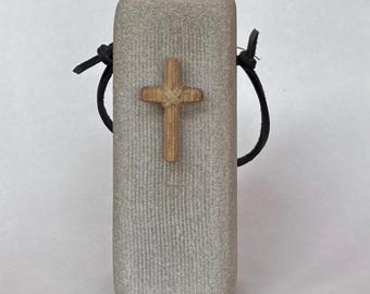Hand Carved Limestone Cross Sculpture | Hickory Wood, Leather Lacing Home Decor