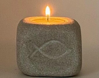Hand-Carved Indiana Limestone Cross Tea Light Holder | Altar Stone, Memorial Gift