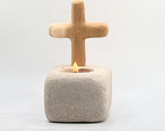 Limestone Candle Holder with Wood Cross|Hand-Carved, Rustic Christian Faith Gift Iowa