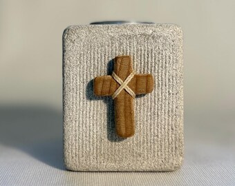 Distressed Limestone Cross Candle Holder | Hand-Carved Stone, Hickory Wood Rustic Decor
