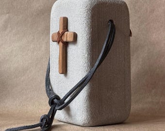 Indiana Limestone & Reclaimed Wood Cross Sculpture|Christian Desk ArtHand Carved Limestone Cross Candle Holder | Iowa Made Prayer Decor