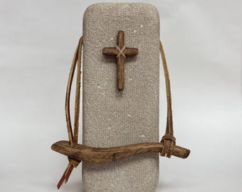 Hand Carved Indiana Limestone Cross Sculpture, Rustic Mantel Decor, Christian Home Decor, Handmade Stone Art, Religious Gift, Natural Wood