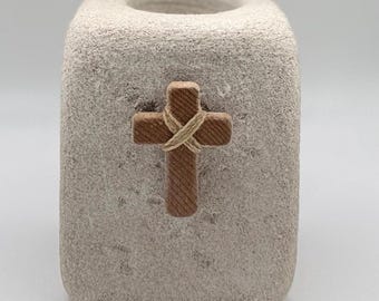 Chiseled Limestone Cross Tea Light Holder | Hand-Carved Indiana Stone, Faith Decor