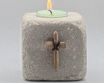 Hand Carved Hickory Cross Candle Holder | Indiana Limestone Base, Leather Bound Heirloom Prayer Decor