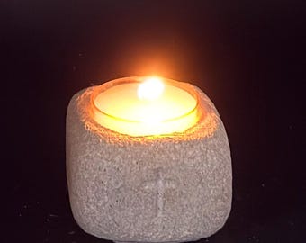 Hand-Carved Limestone Cross Tea Light Holder, Rustic Prayer Decor