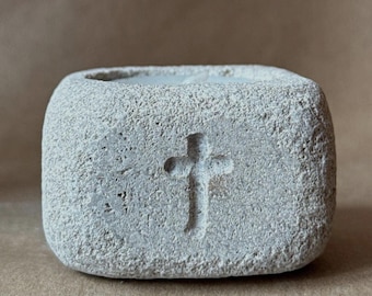 Small Indiana Limestone Votive Cross Holder | Hand-Carved, Christian Faith Gift, Tea Light Iowa