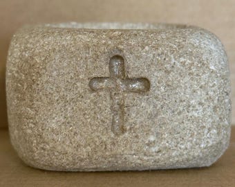 Hand Carved Limestone Cross Tea Light Holder | Indiana Stone Faith DecorHand Carved Limestone Cross Candle Holder | Iowa Made Prayer Decor