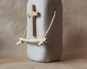 Hand Carved Limestone Pillar Cross Sculpture | Wood & Leather, Sympathy Gift, Christian Decor