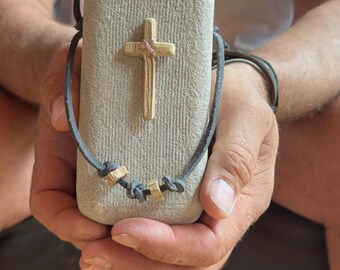 New Baby Shower Gift |Hand Carved Limestone Cross Sculpture | Iowa Stone, Hardwood Mantel Decor