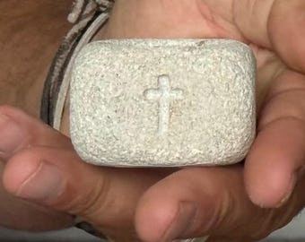 Hand Carved Limestone Cross Tea Light Holder | Christian Devotional Prayer Decor
