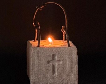 Hand-Carved Limestone Cross Lantern, Rustic Christian Prayer Decor|The Lantern