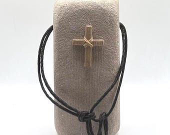 Hand Carved Limestone Pillar Cross Sculpture | Wood, Leather Cord Faith Decor