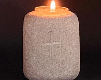 Hand-Carved Limestone Cross Tea Light Holder, Rustic Faith Decor